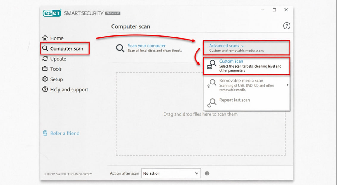 انتخاب گزینه Custom scan در ESET